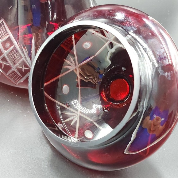 Vintage Bohemian Czech Ruby Red Cut to Clear Glass Canister Jar with Lid 9" tall - Picture 4 of 11